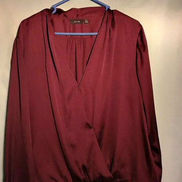 Elegant Burgundy Satin Wrap Blouse – Long Sleeve V-Neck Top - Picture 2 of 4